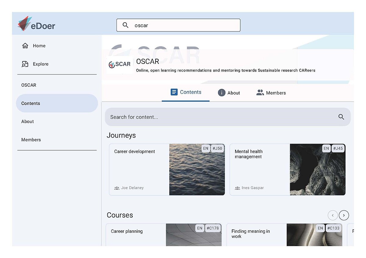 Die OSCAR-Startseite zeigt die Kurse Career development, Mental health management, Career planning und Finding meaning in work.