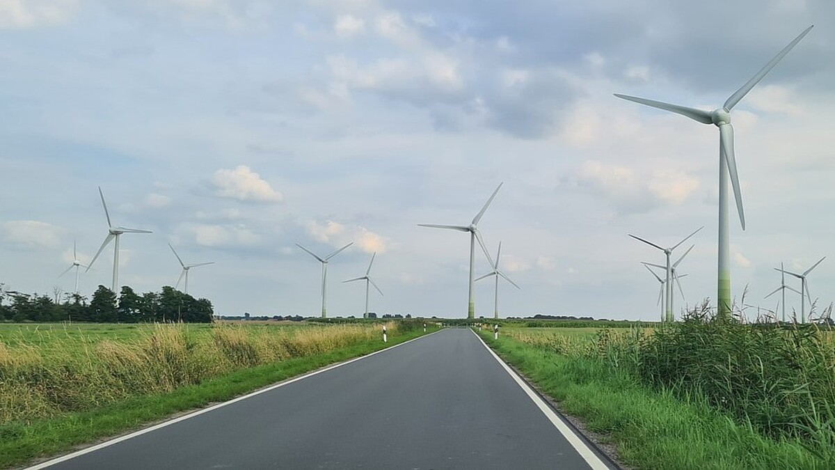 Eine Straße wird von Feldern und Windrädern gesäumt.