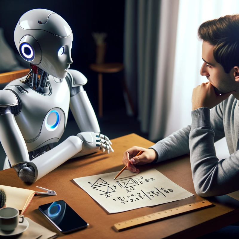 Im KI-generierten Bild sitzt ein humanoider Roboter mit einem Mann am Tisch, der mathematische Formeln berechnet.